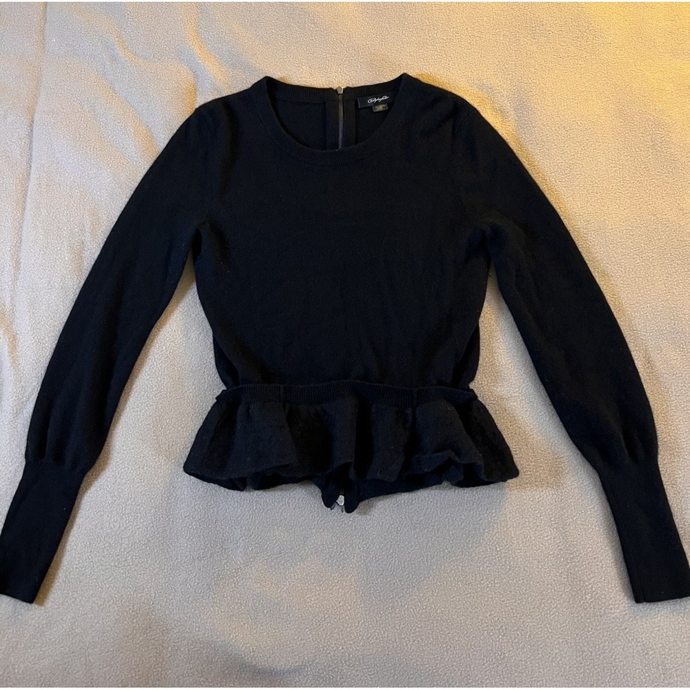 Christopher Fischer Luxury Cashmere Sweater Peplum Zip Back Black Small Wool